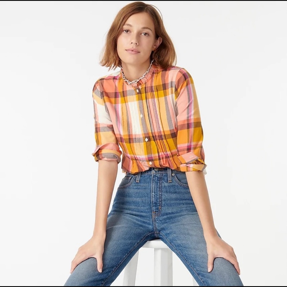 NWT J. Crew ruffle neck plaid button down blouse top